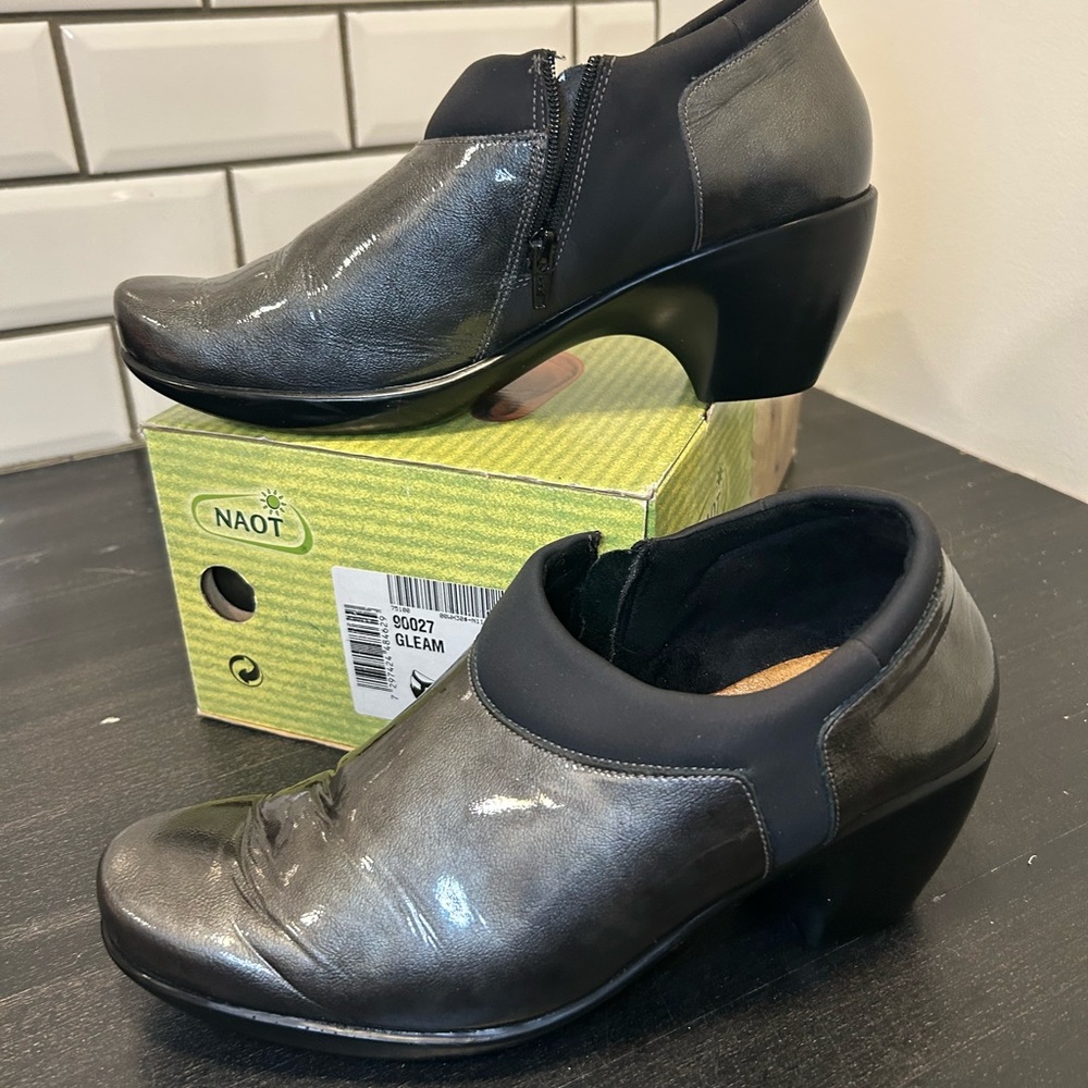 Naot Women's Metallic Grey Patent Leather Heeled Boots